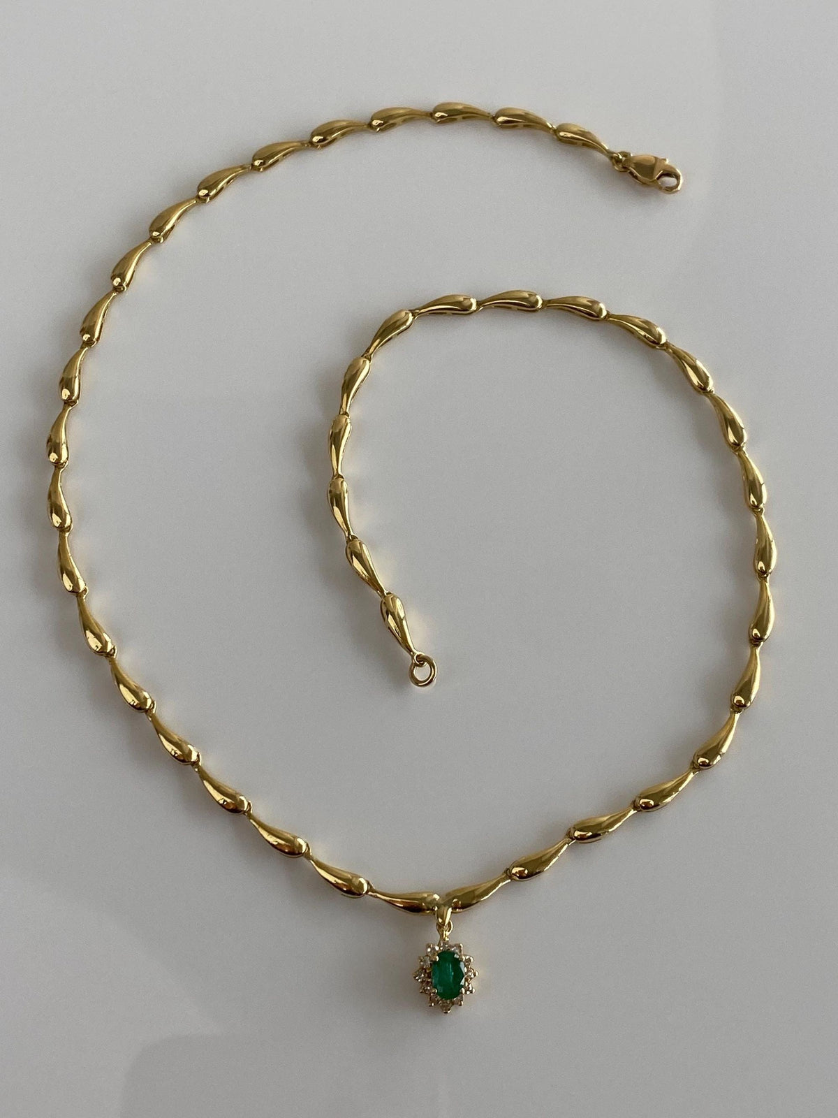 Vintage 18k Yellow Gold Emerald Diamond Halo Fancy Link Necklace - 16.75 inches