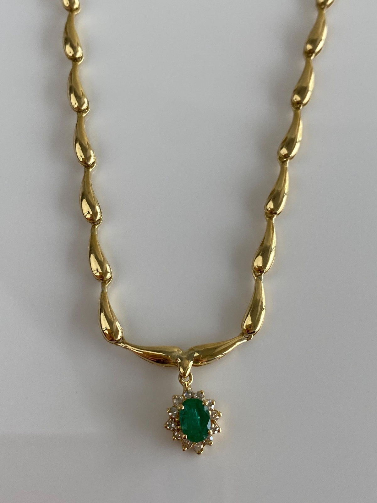 Vintage 18k Yellow Gold Emerald Diamond Halo Fancy Link Necklace - 16.75 inches