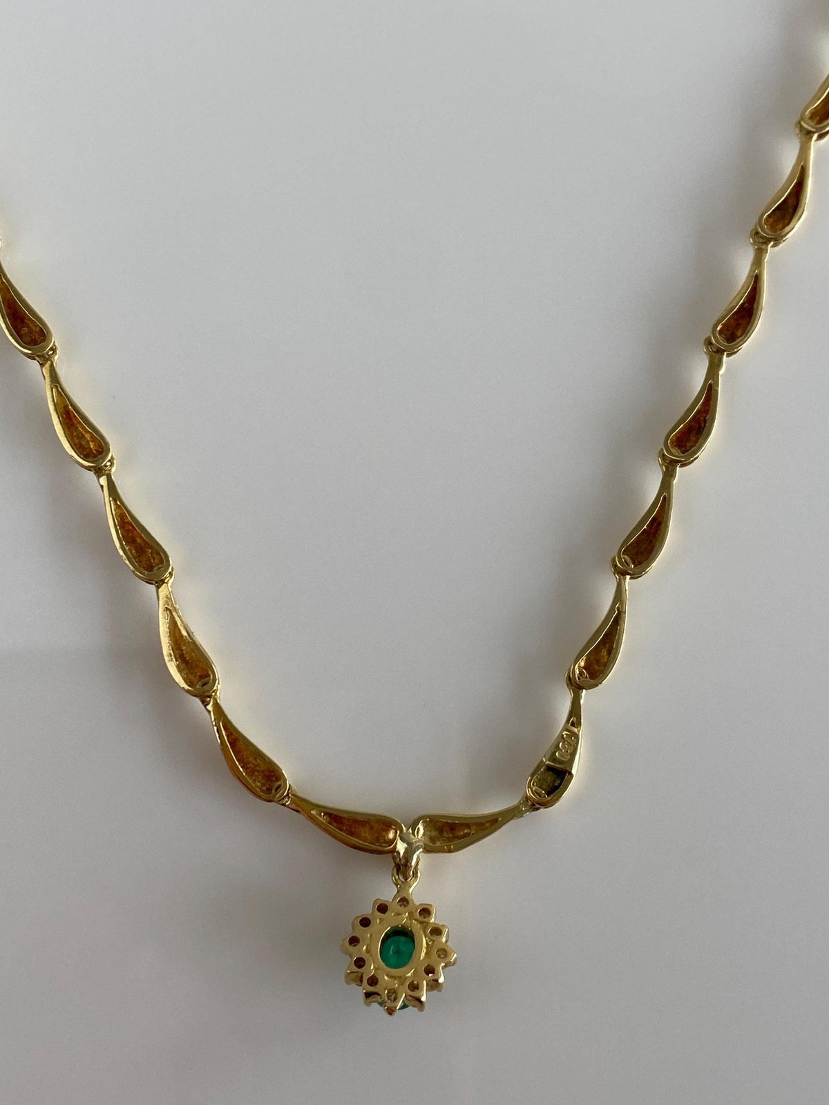 Vintage 18k Yellow Gold Emerald Diamond Halo Fancy Link Necklace - 16.75 inches