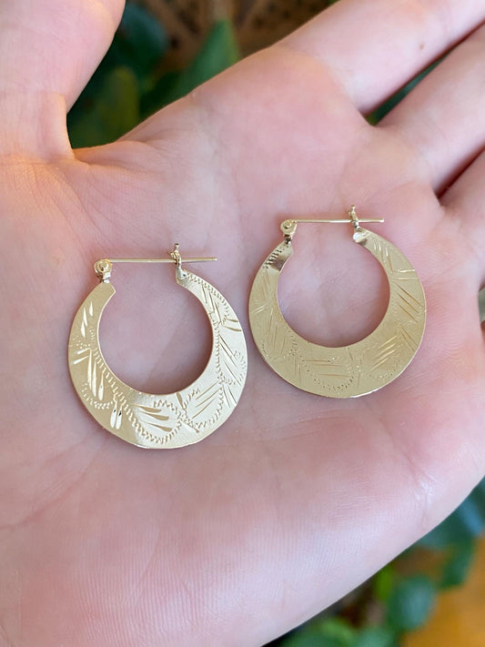 Vintage Solid 14k Yellow Gold Flat Engraved Hoop Earrings