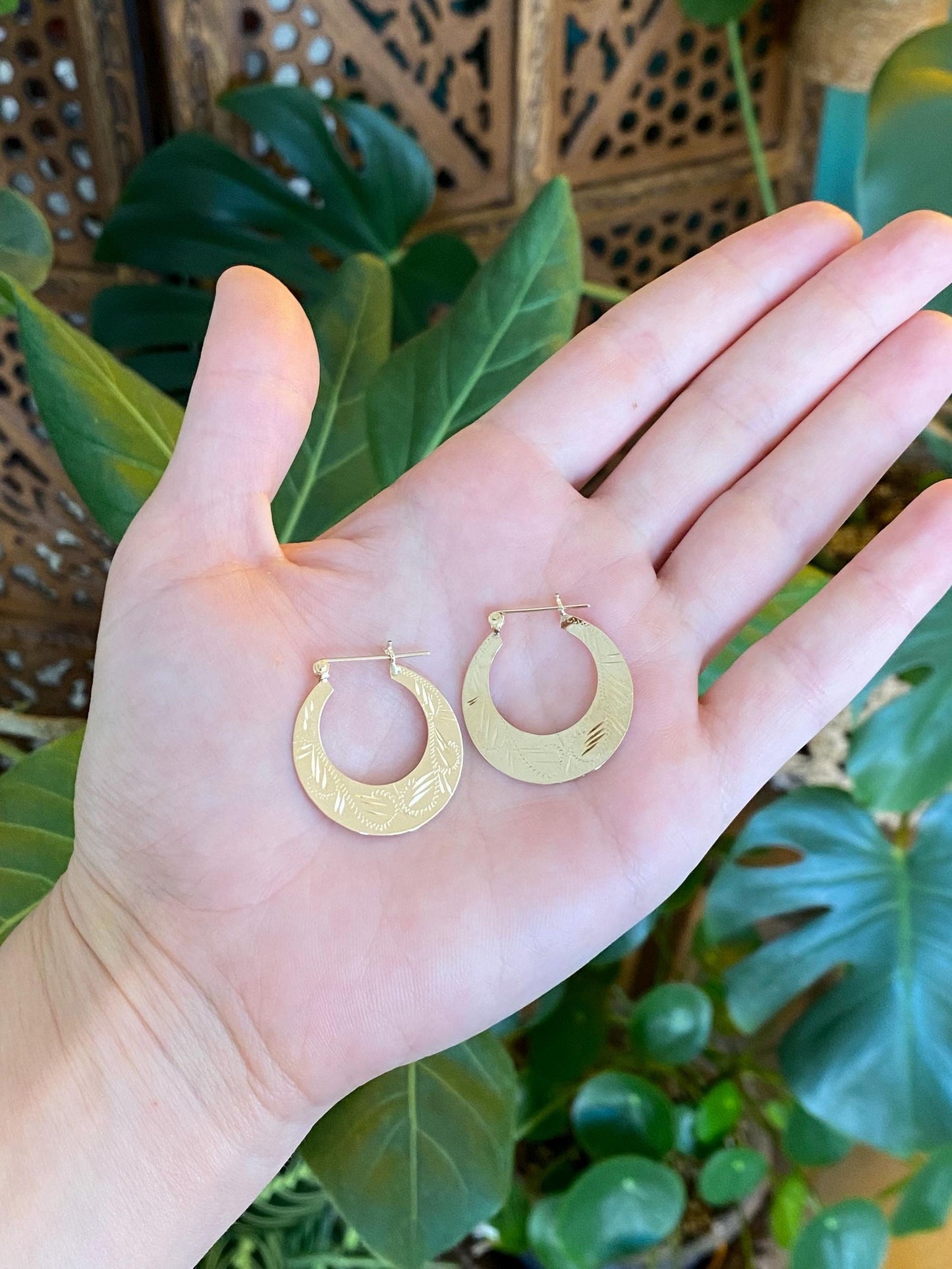 Vintage Solid 14k Yellow Gold Flat Engraved Hoop Earrings