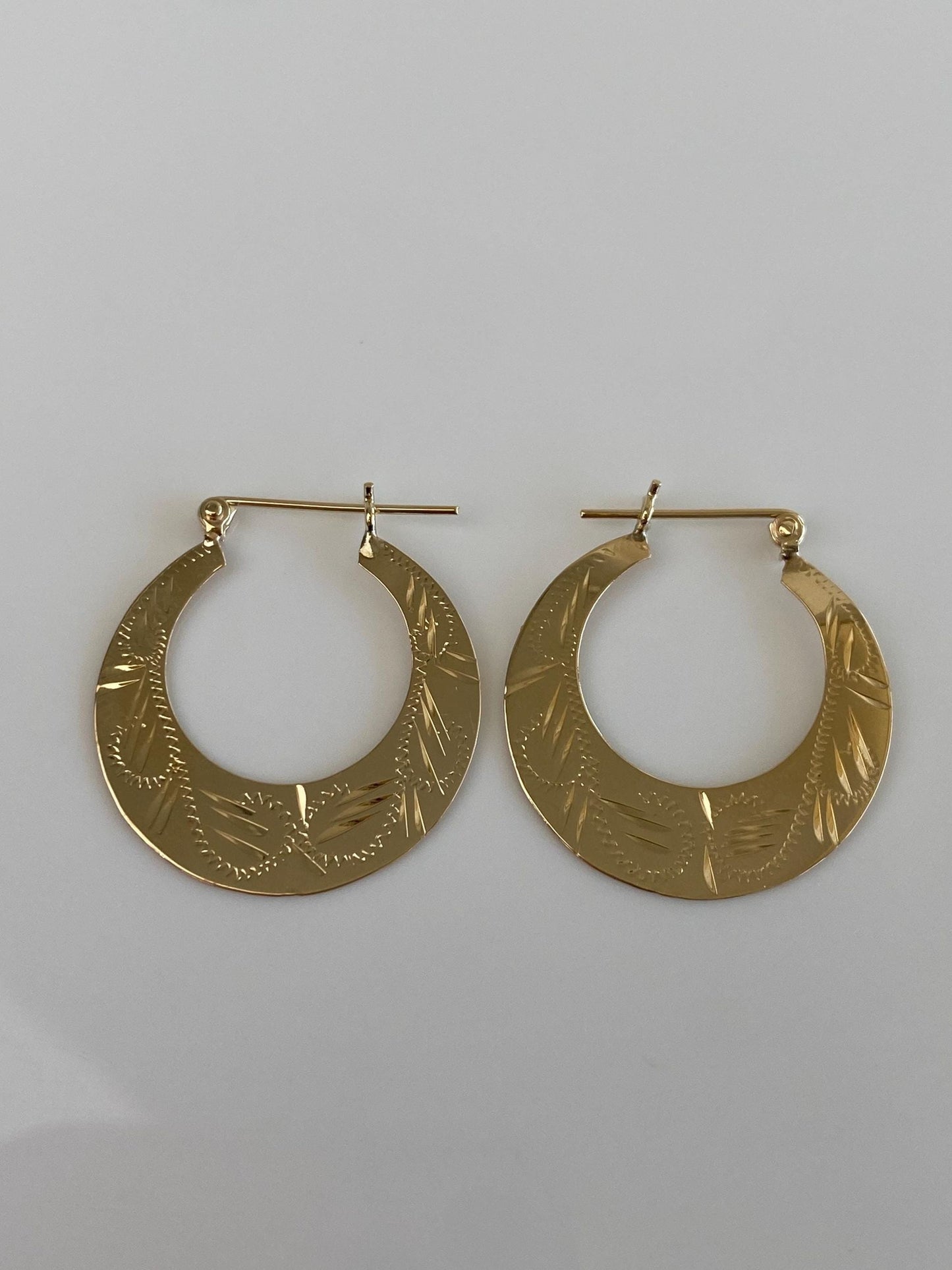 Vintage Solid 14k Yellow Gold Flat Engraved Hoop Earrings