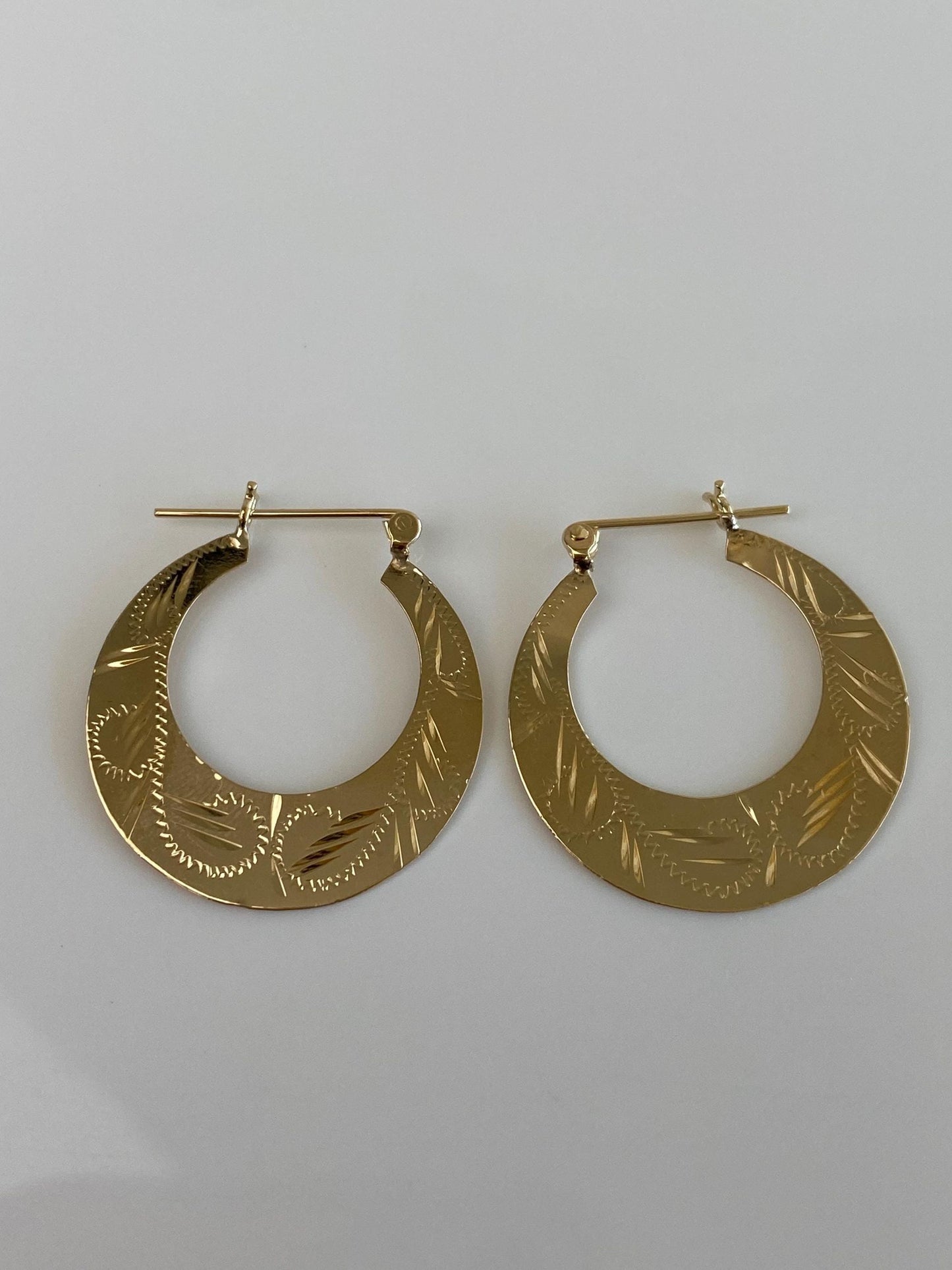 Vintage Solid 14k Yellow Gold Flat Engraved Hoop Earrings