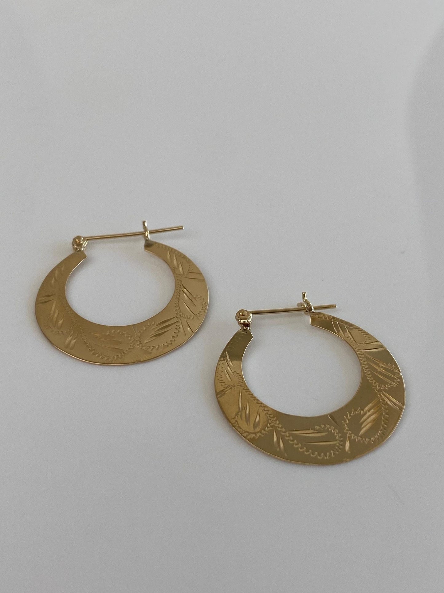 Vintage Solid 14k Yellow Gold Flat Engraved Hoop Earrings
