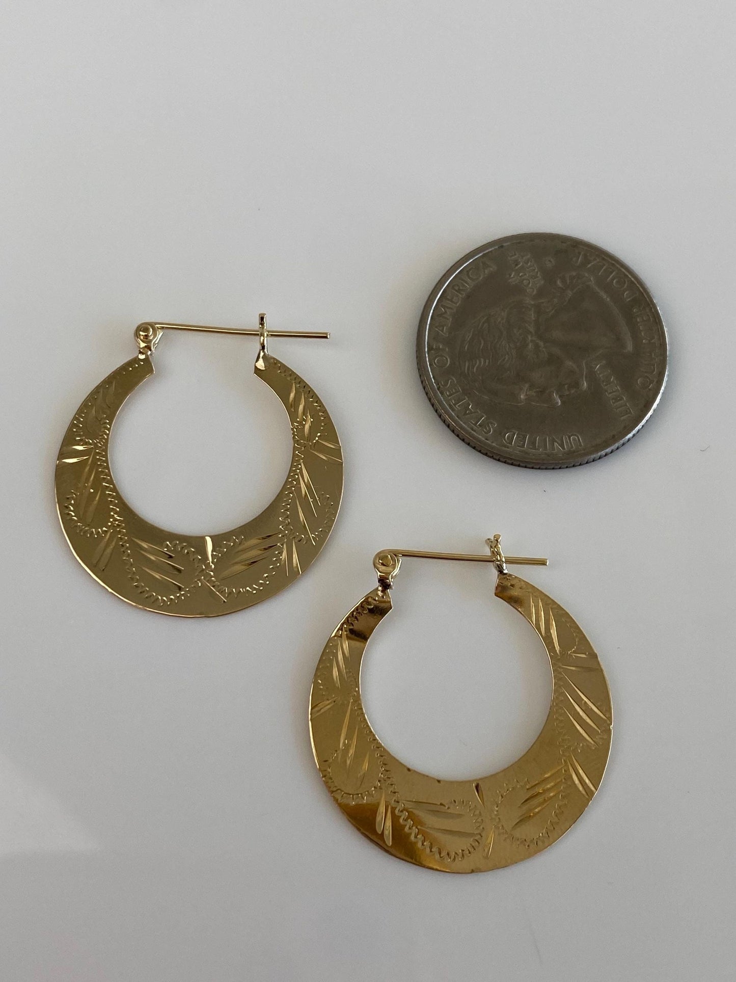 Vintage Solid 14k Yellow Gold Flat Engraved Hoop Earrings