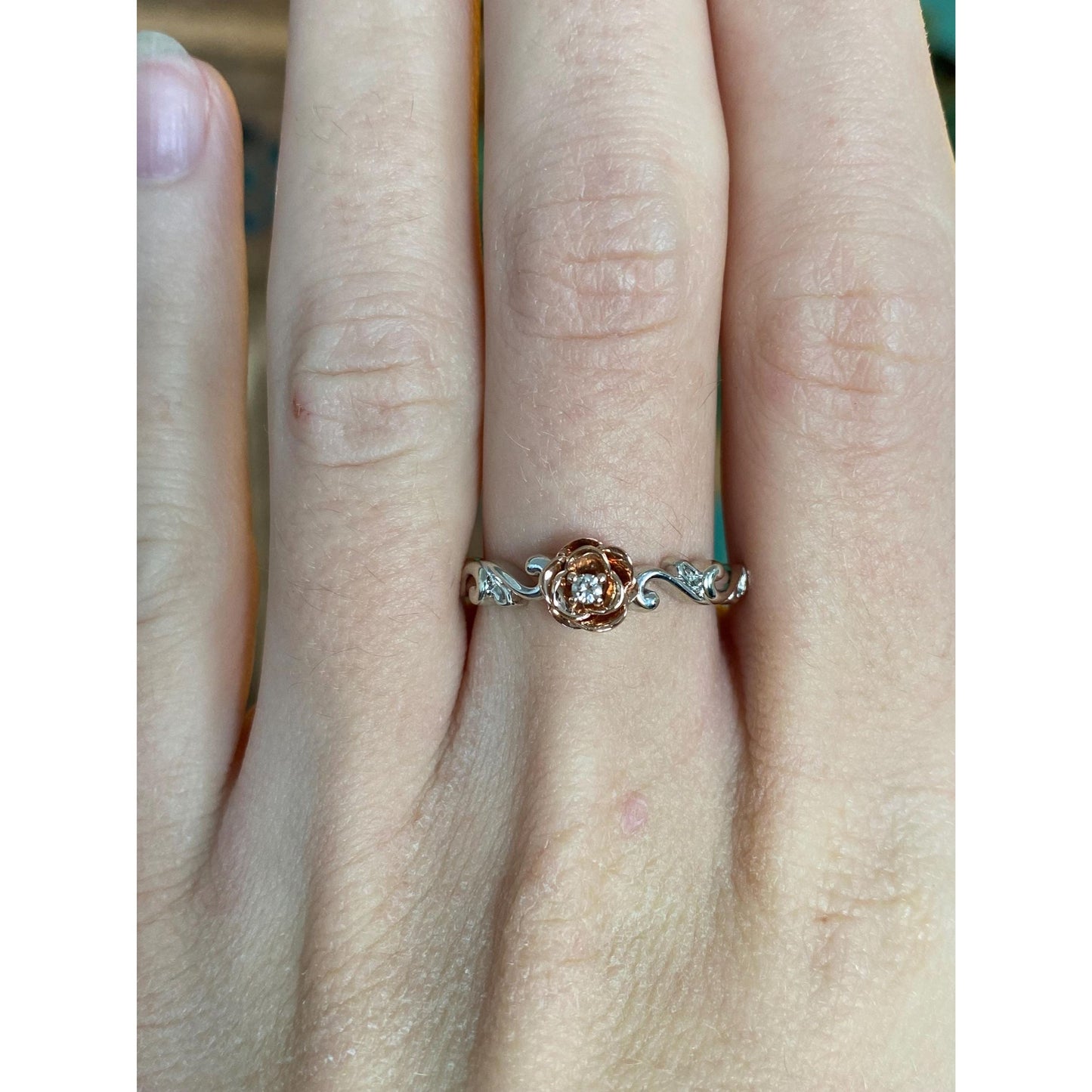 Vintage Solid 10k White & Rose Gold Diamond Rose Branch Ring - Size 6.75