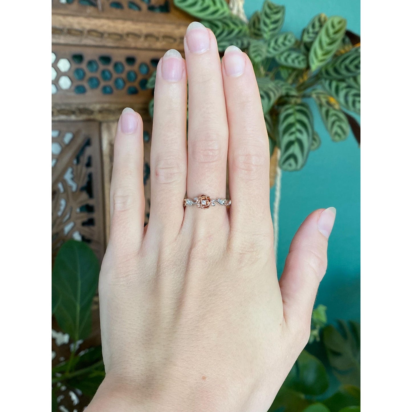 Vintage Solid 10k White & Rose Gold Diamond Rose Branch Ring - Size 6.75