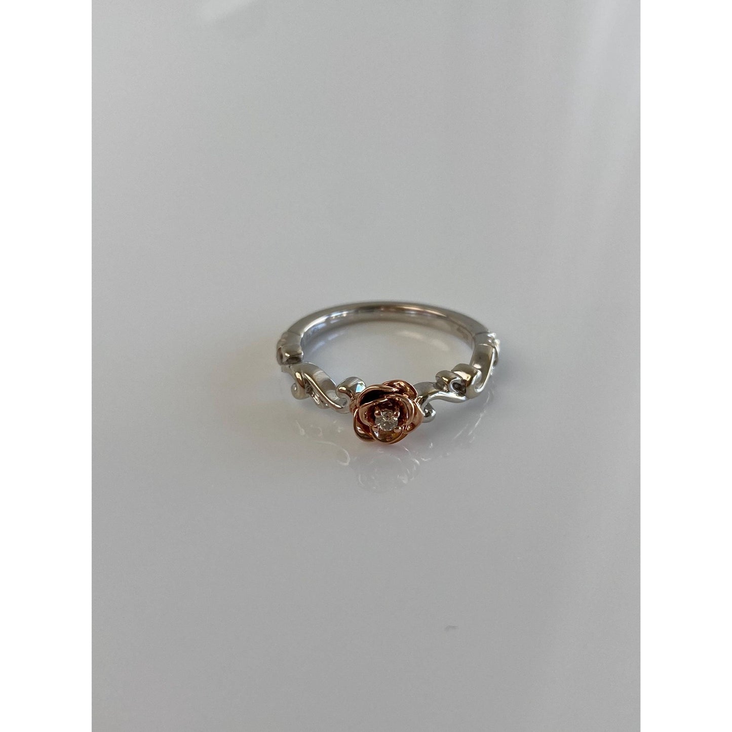 Vintage Solid 10k White & Rose Gold Diamond Rose Branch Ring - Size 6.75