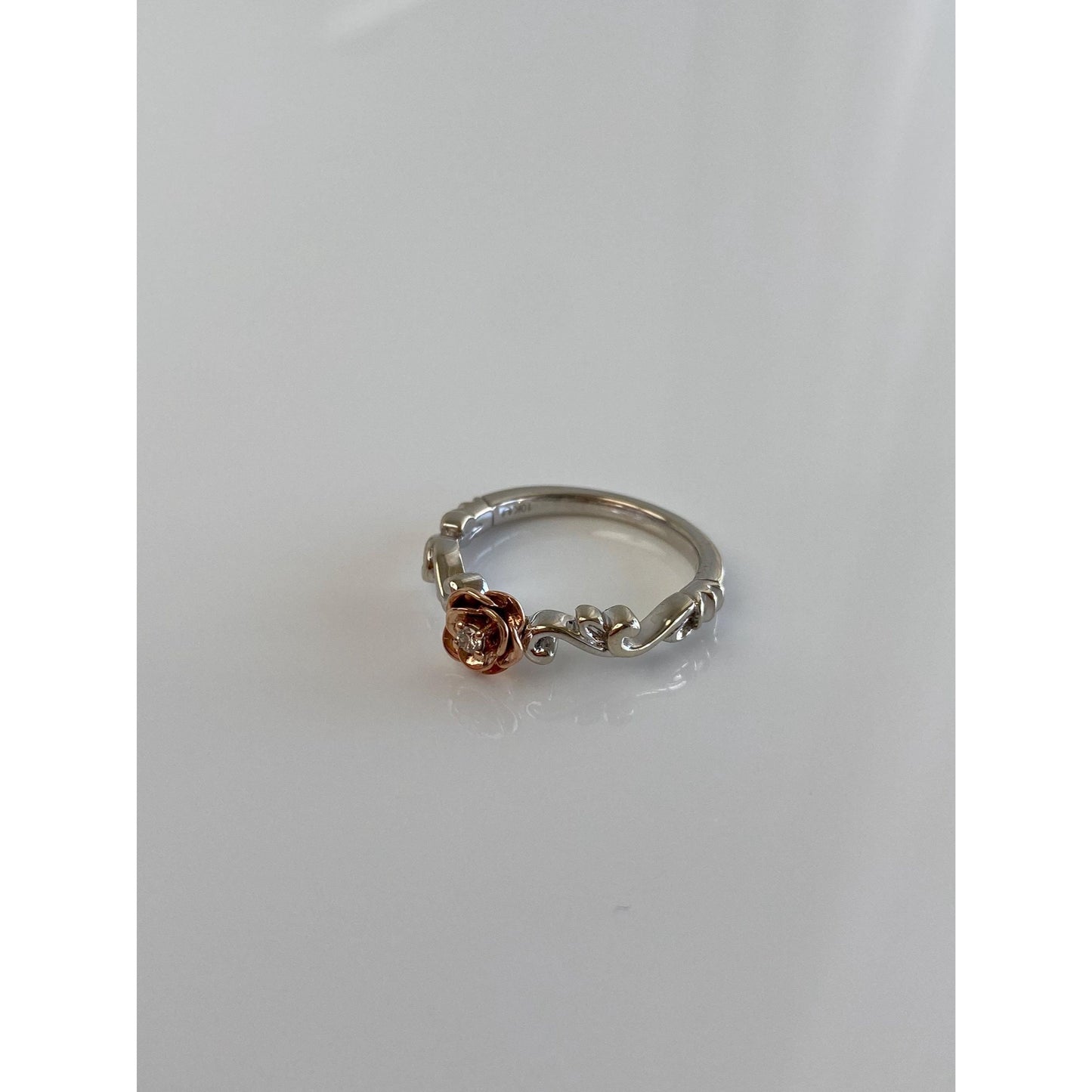 Vintage Solid 10k White & Rose Gold Diamond Rose Branch Ring - Size 6.75