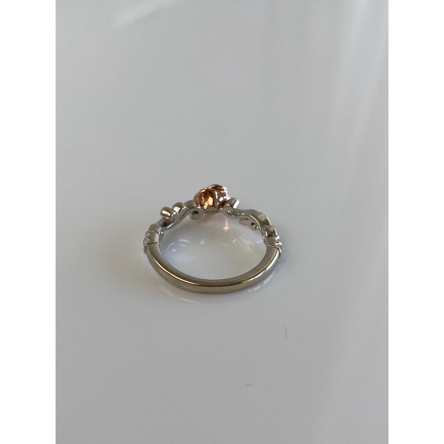 Vintage Solid 10k White & Rose Gold Diamond Rose Branch Ring - Size 6.75