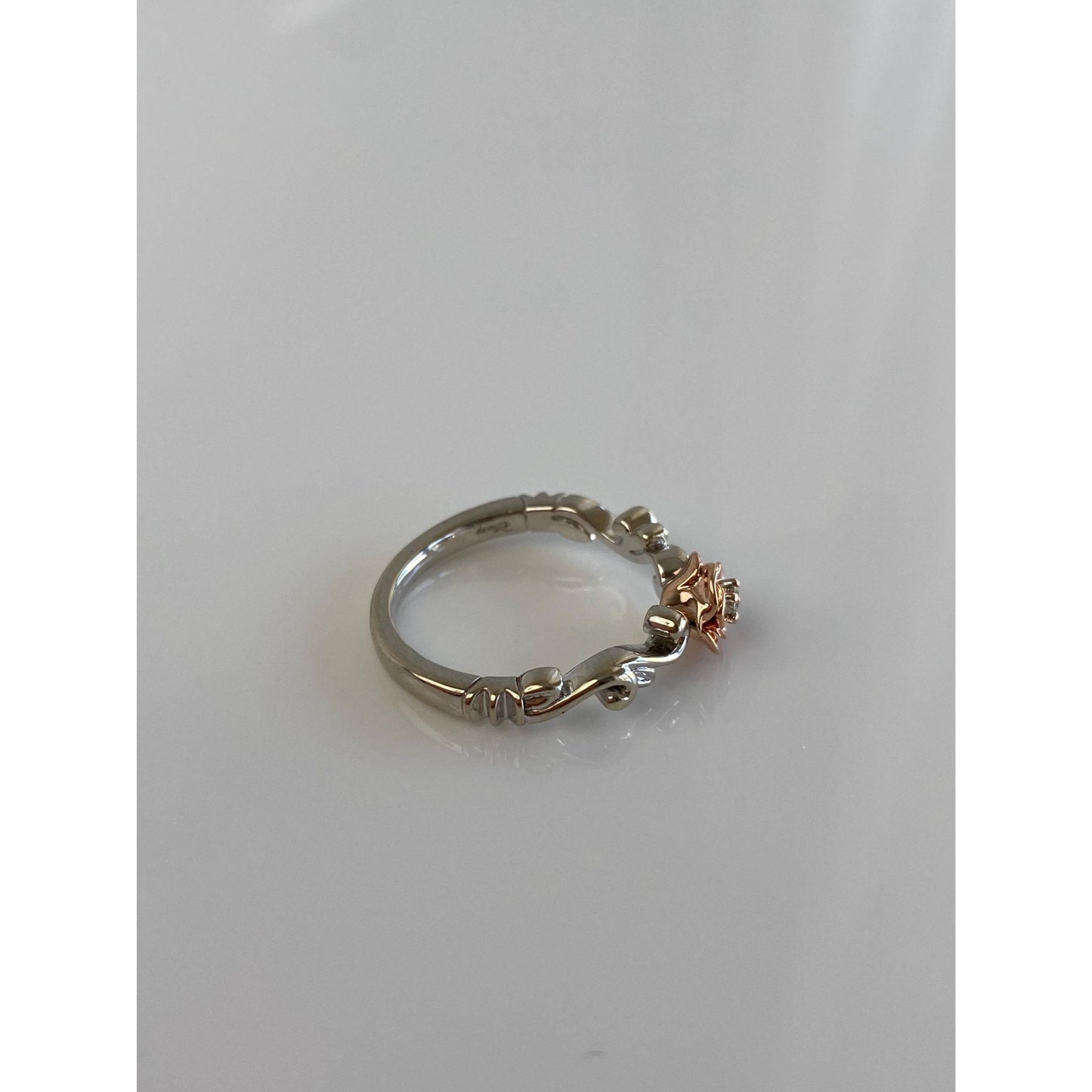 Vintage Solid 10k White & Rose Gold Diamond Rose Branch Ring - Size 6.75