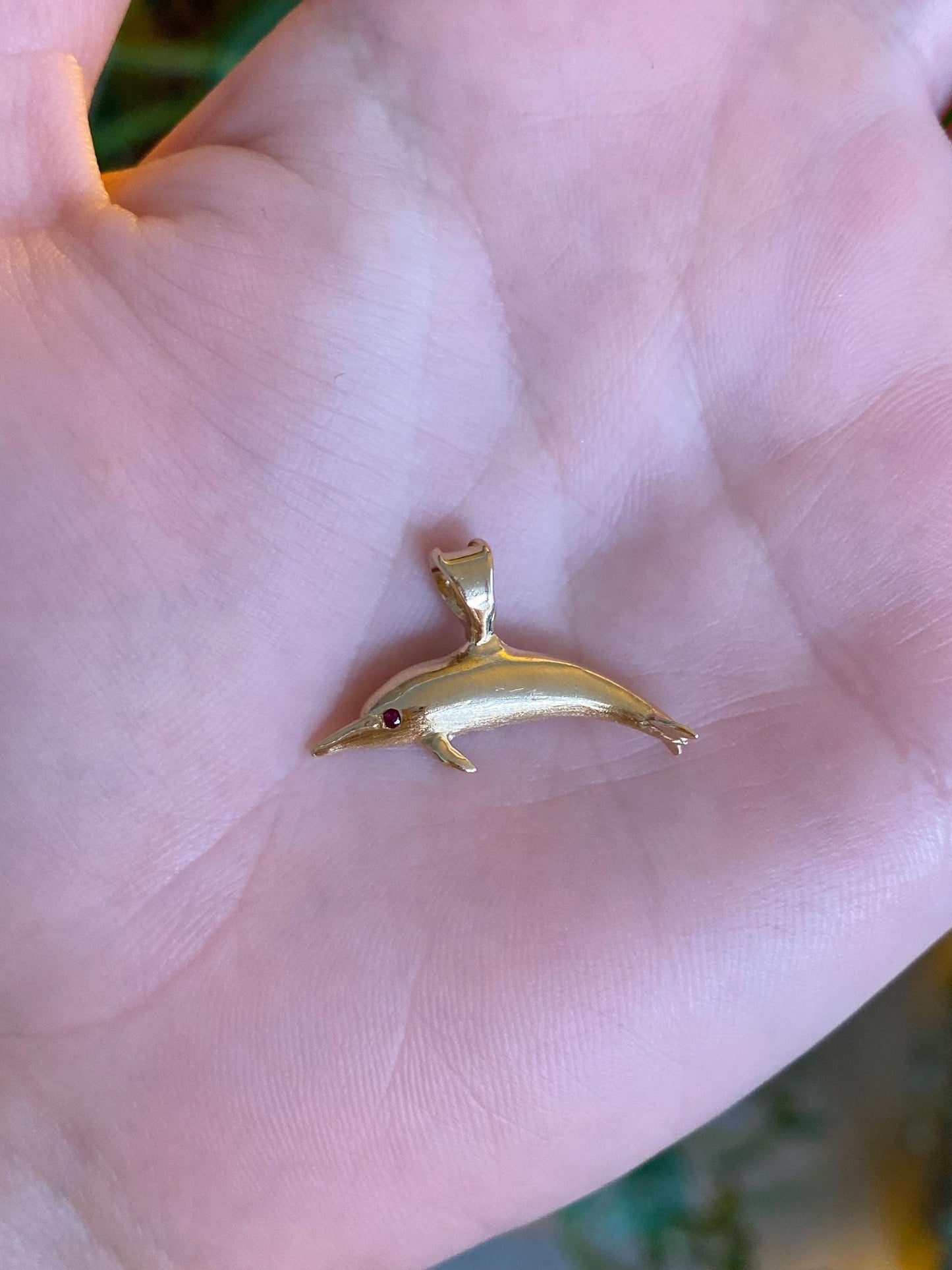 Vintage Solid 14k Yellow Gold Red Spinel Dolphin Charm