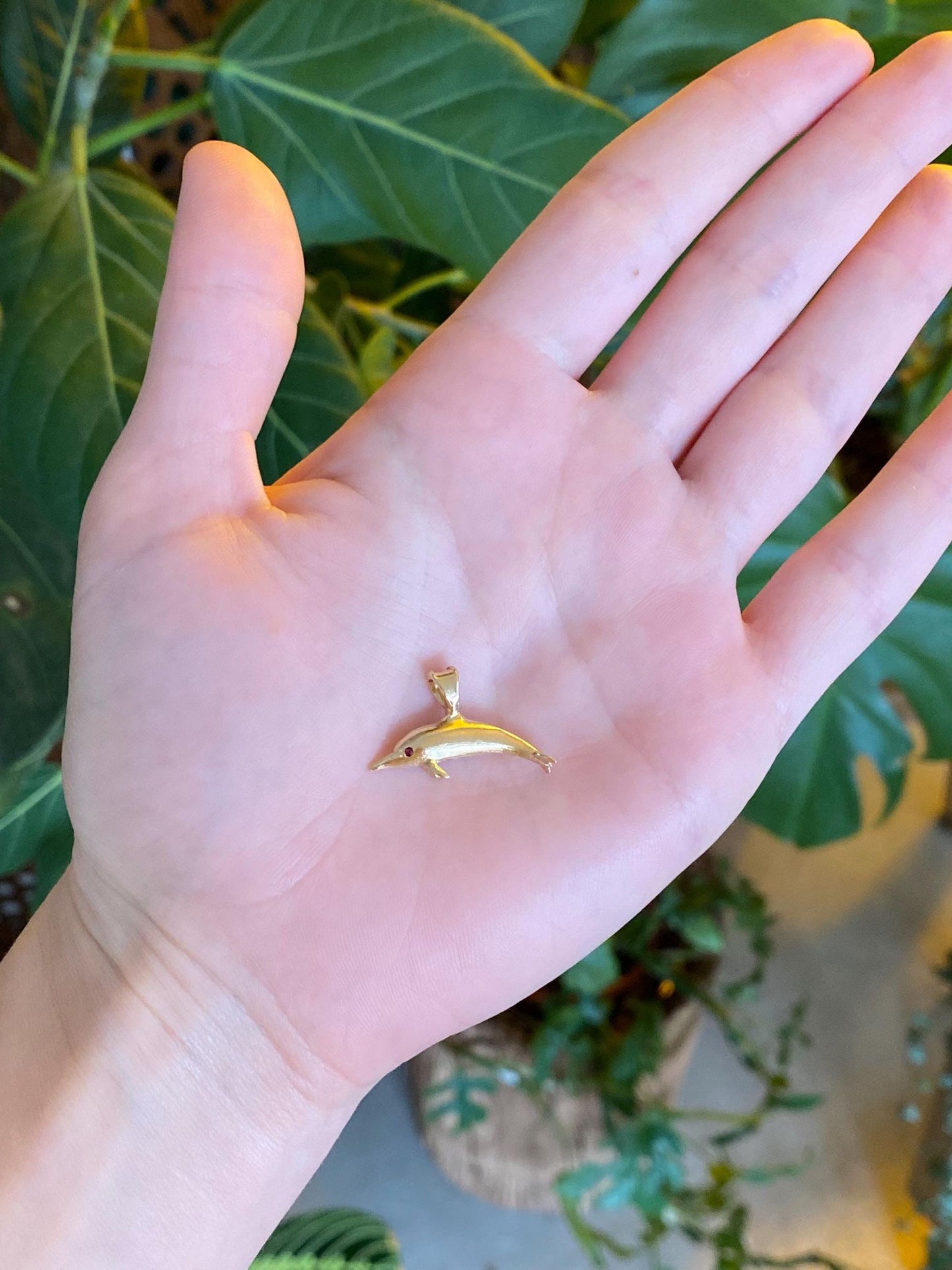 Vintage Solid 14k Yellow Gold Red Spinel Dolphin Charm