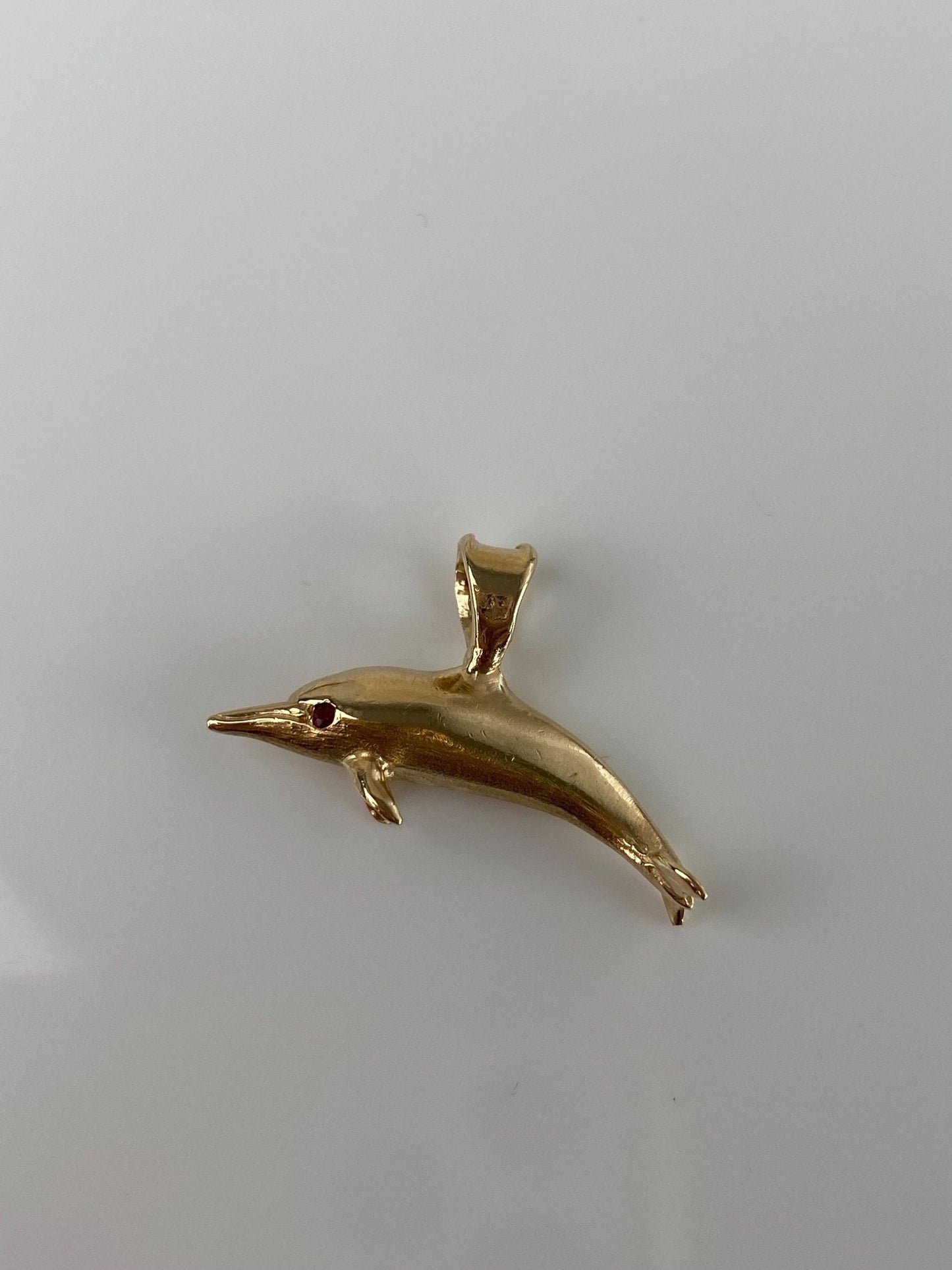 Vintage Solid 14k Yellow Gold Red Spinel Dolphin Charm