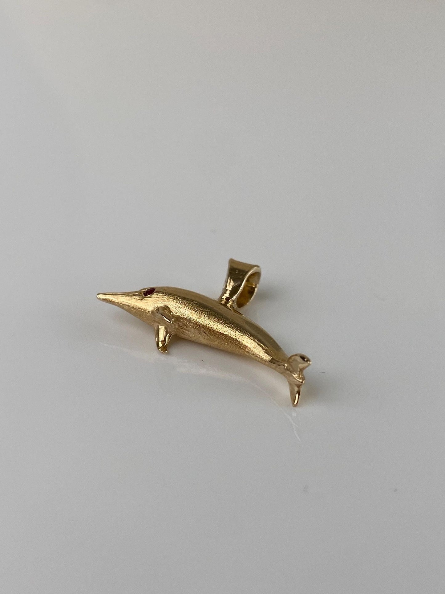 Vintage Solid 14k Yellow Gold Red Spinel Dolphin Charm