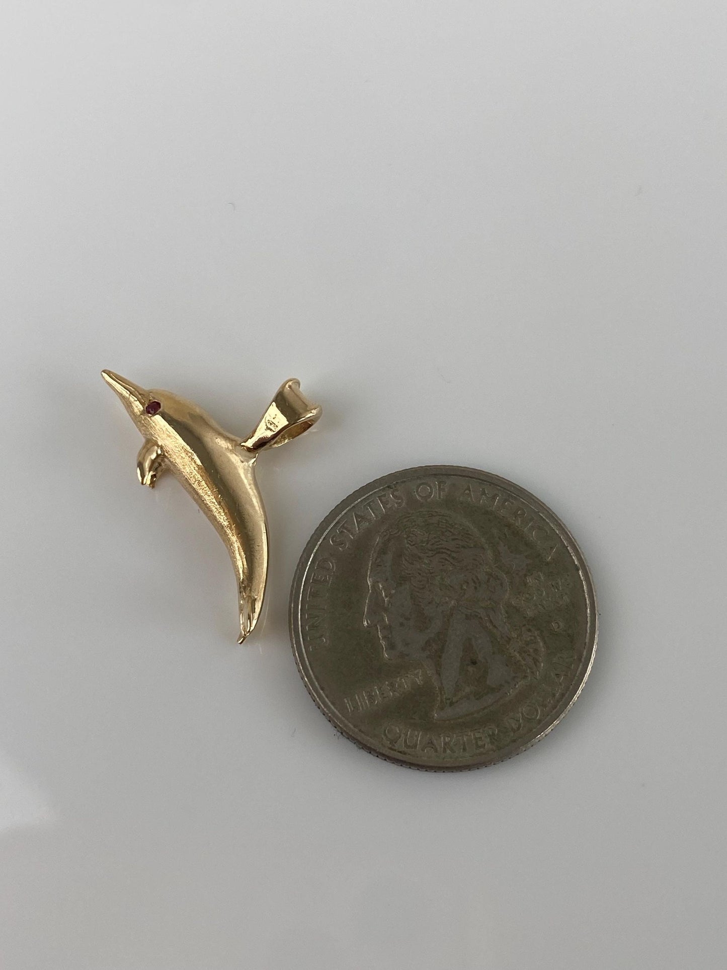 Vintage Solid 14k Yellow Gold Red Spinel Dolphin Charm