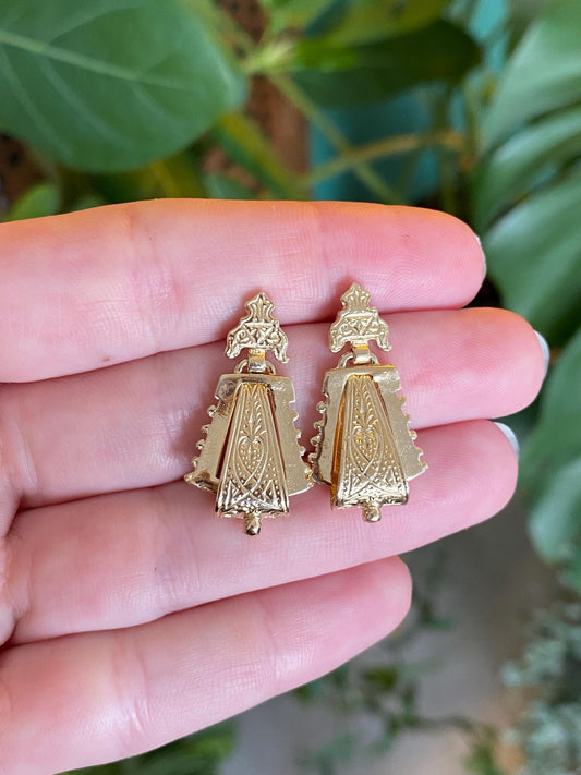 Vintage Solid 14k Yellow Gold Design Dangle Stud Earrings