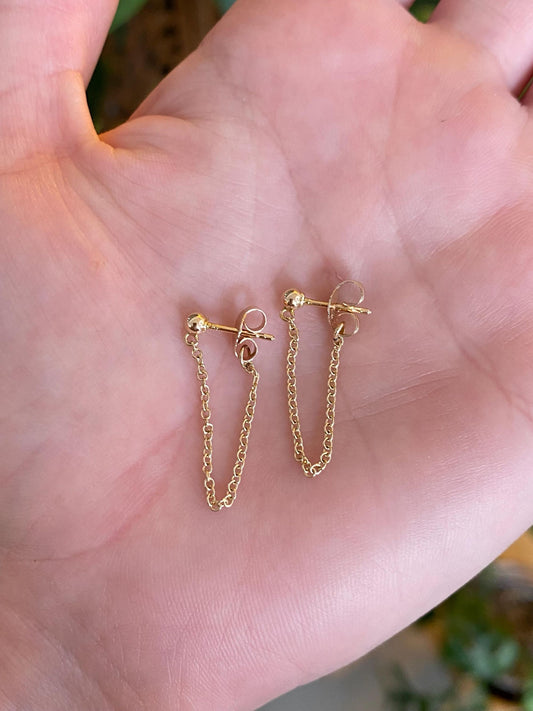 Vintage 14k Yellow Gold Ball Dainty Rolo Chain Connected Stud Earrings