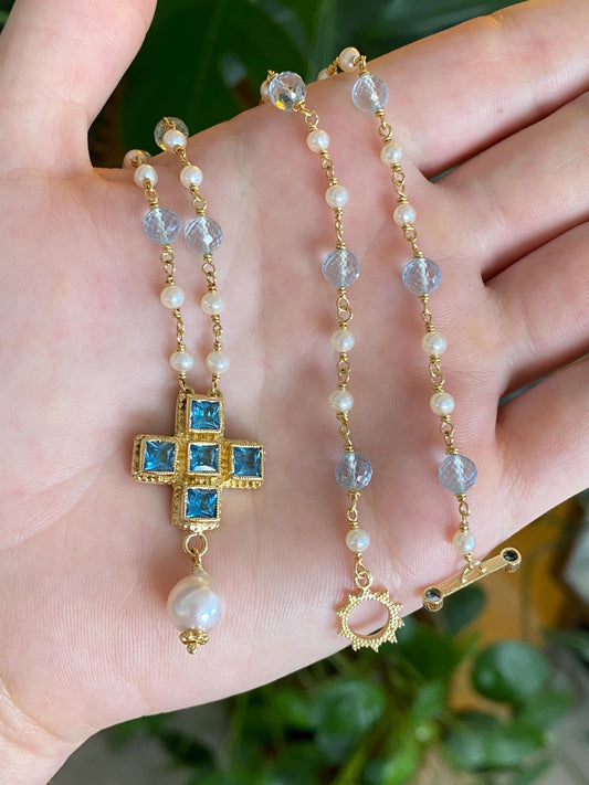 Vintage Solid 18k Yellow Gold Topaz Engraved Cross Faceted Topaz Beads Pearls Link Necklace - 17.5 inches