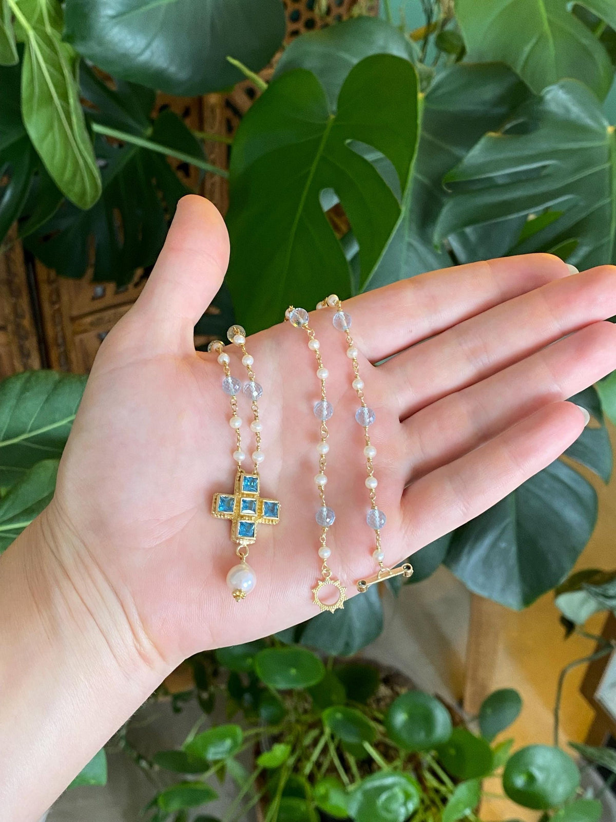 Vintage Solid 18k Yellow Gold Topaz Engraved Cross Faceted Topaz Beads Pearls Link Necklace - 17.5 inches