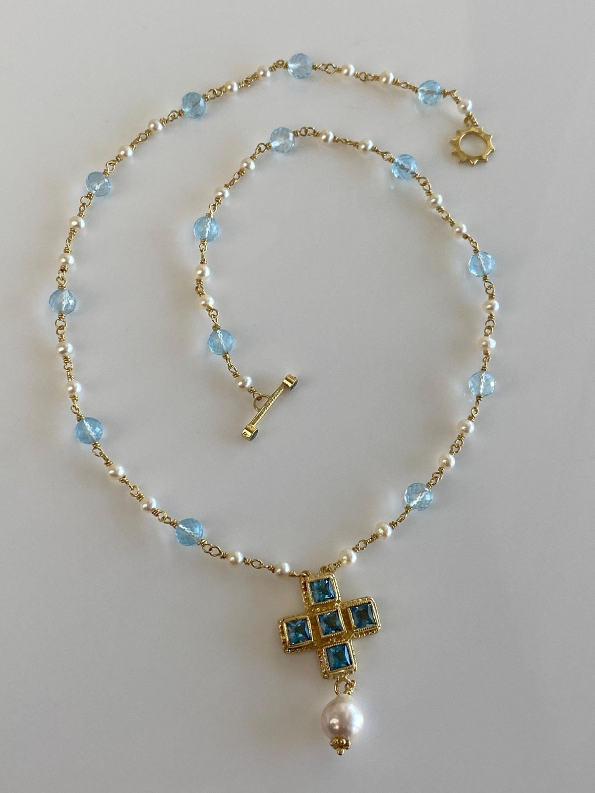 Vintage Solid 18k Yellow Gold Topaz Engraved Cross Faceted Topaz Beads Pearls Link Necklace - 17.5 inches