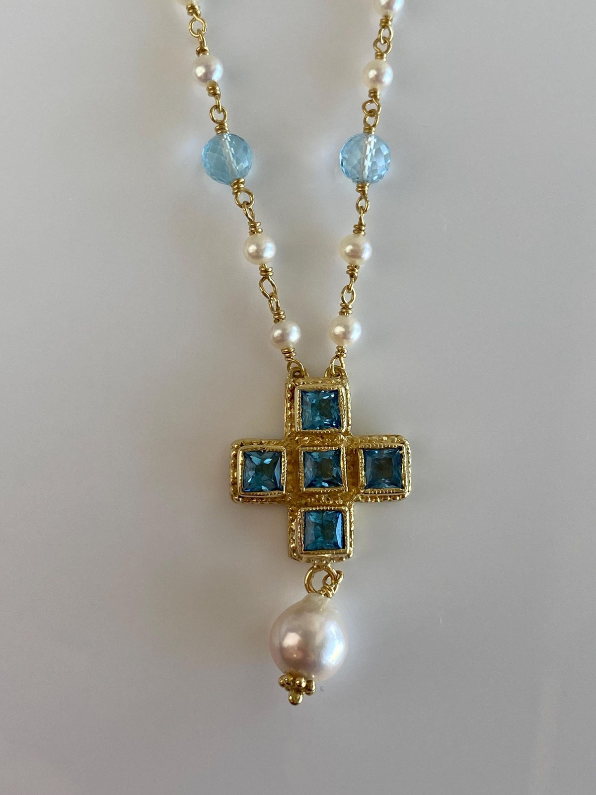 Vintage Solid 18k Yellow Gold Topaz Engraved Cross Faceted Topaz Beads Pearls Link Necklace - 17.5 inches
