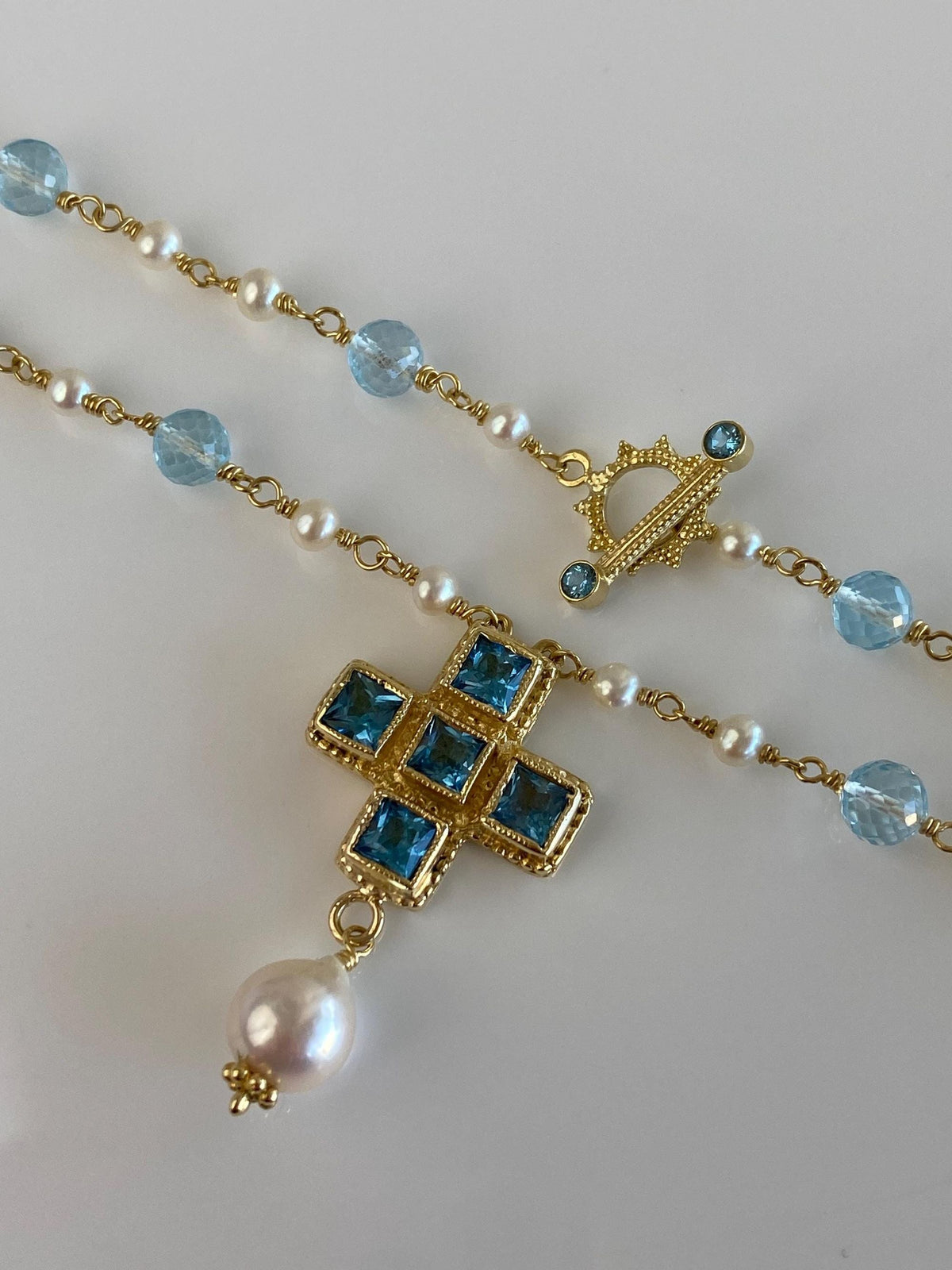Vintage Solid 18k Yellow Gold Topaz Engraved Cross Faceted Topaz Beads Pearls Link Necklace - 17.5 inches