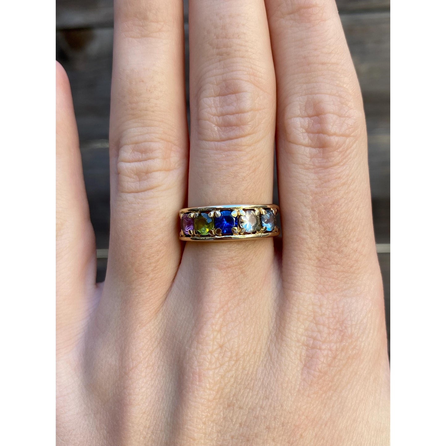 Solid 14k Yellow Gold Pink Sapphire Blue Spinel Peridot Quartz Aquamarine Ring - Size 6.5
