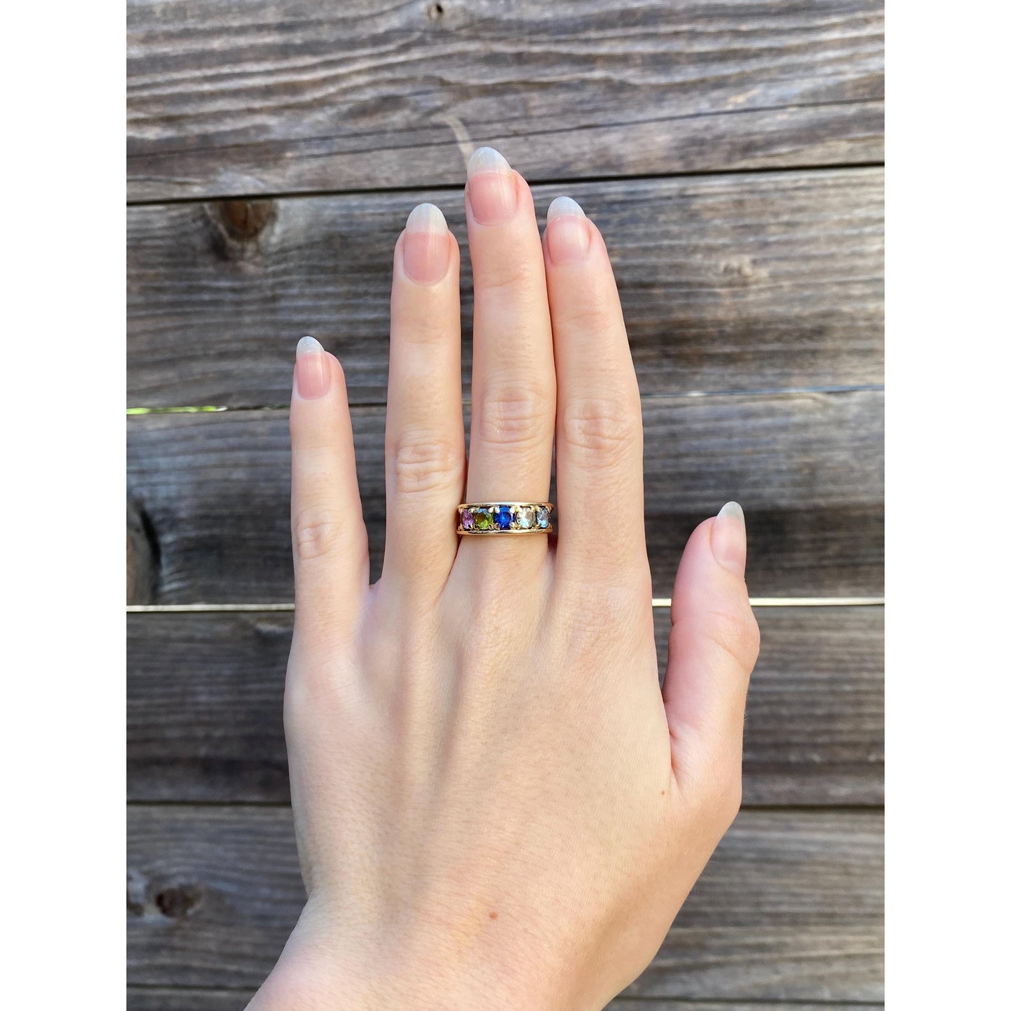 Solid 14k Yellow Gold Pink Sapphire Blue Spinel Peridot Quartz Aquamarine Ring - Size 6.5