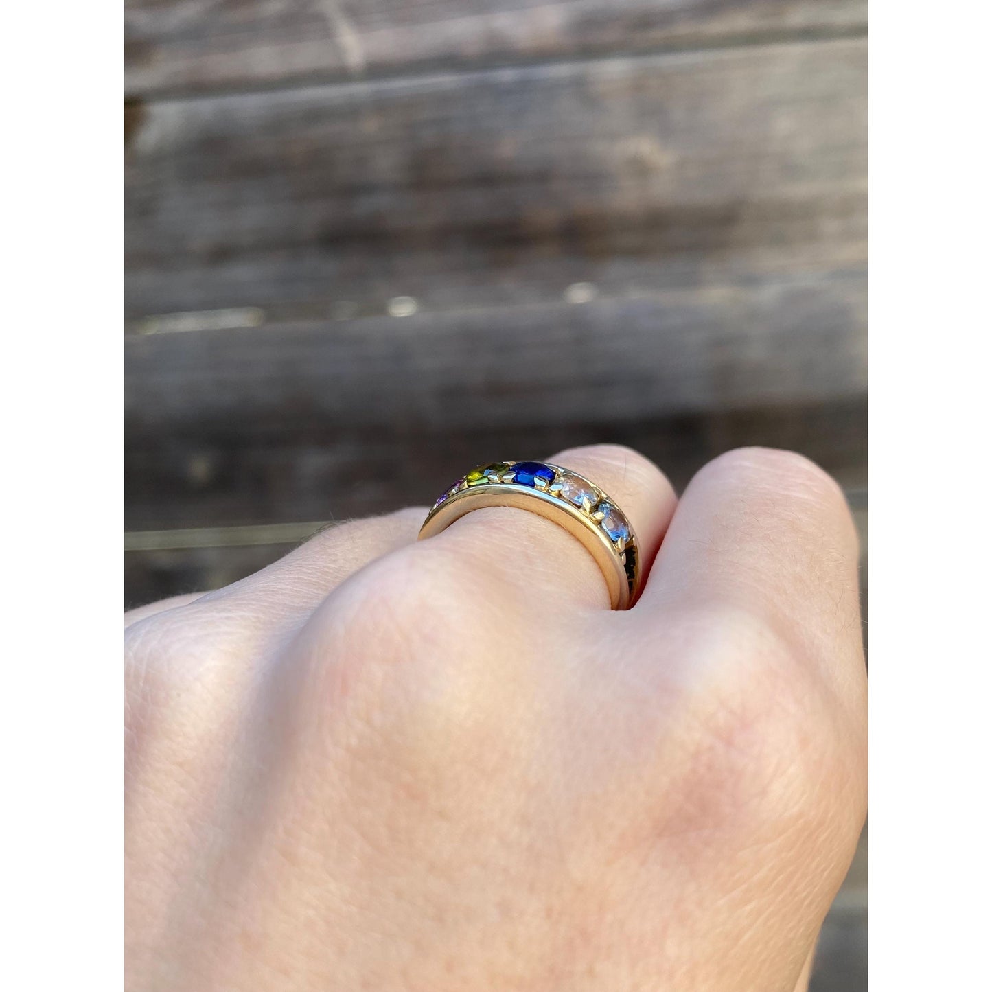 Solid 14k Yellow Gold Pink Sapphire Blue Spinel Peridot Quartz Aquamarine Ring - Size 6.5