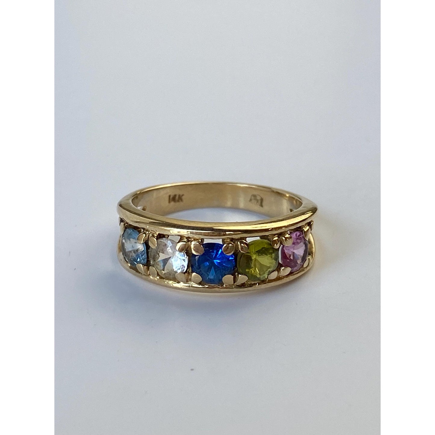 Solid 14k Yellow Gold Pink Sapphire Blue Spinel Peridot Quartz Aquamarine Ring - Size 6.5