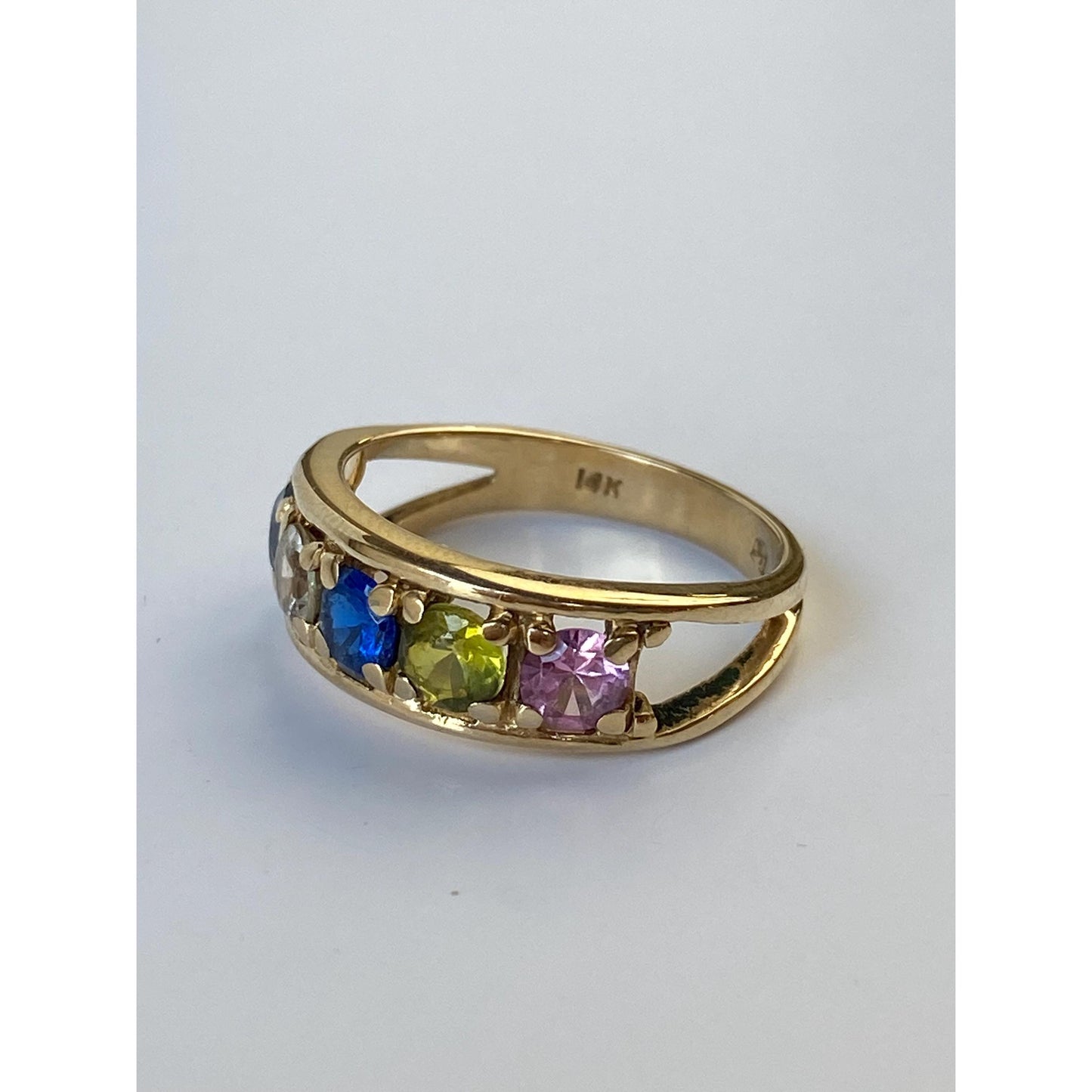Solid 14k Yellow Gold Pink Sapphire Blue Spinel Peridot Quartz Aquamarine Ring - Size 6.5
