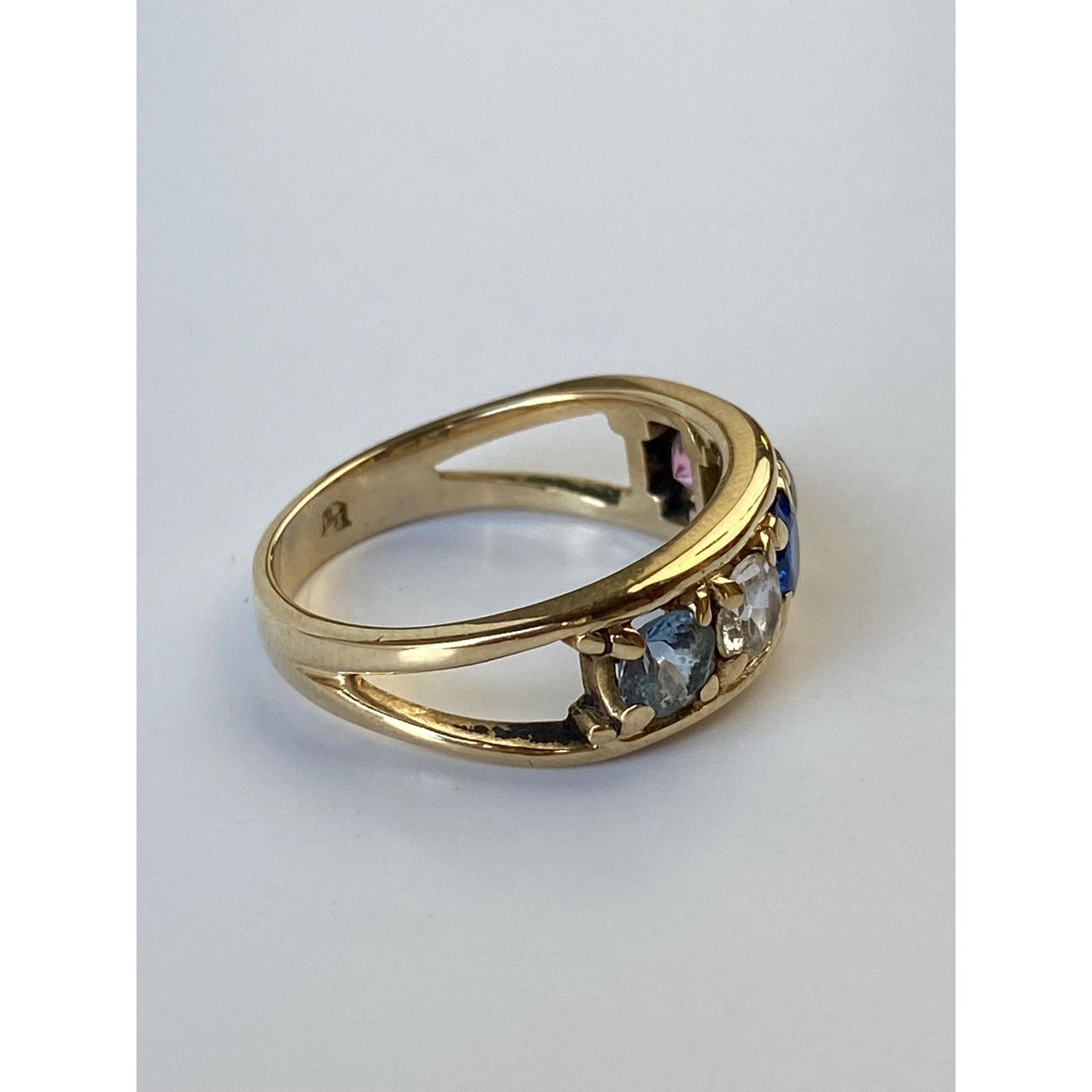 Solid 14k Yellow Gold Pink Sapphire Blue Spinel Peridot Quartz Aquamarine Ring - Size 6.5