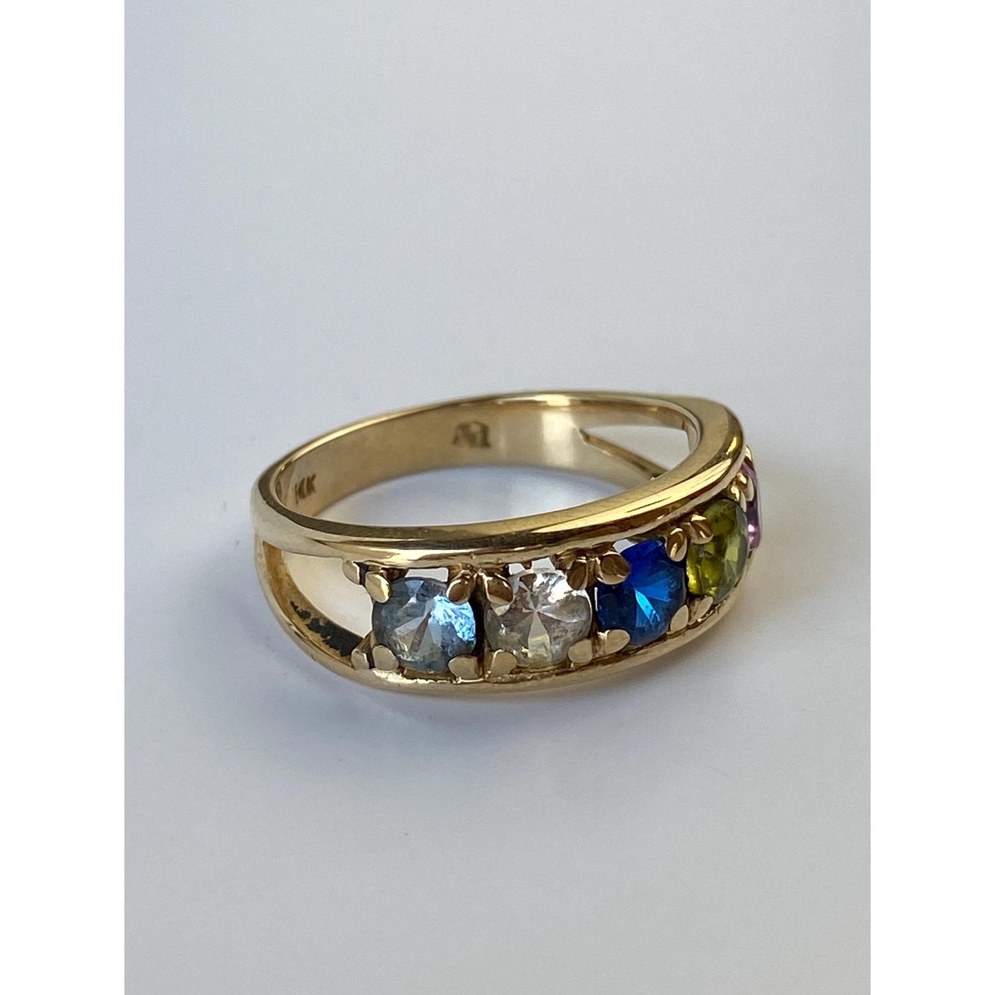 Solid 14k Yellow Gold Pink Sapphire Blue Spinel Peridot Quartz Aquamarine Ring - Size 6.5