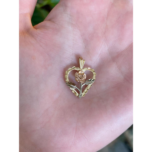 Solid 14k Tri Tone Gold Diamond Cut Flower Heart Charm