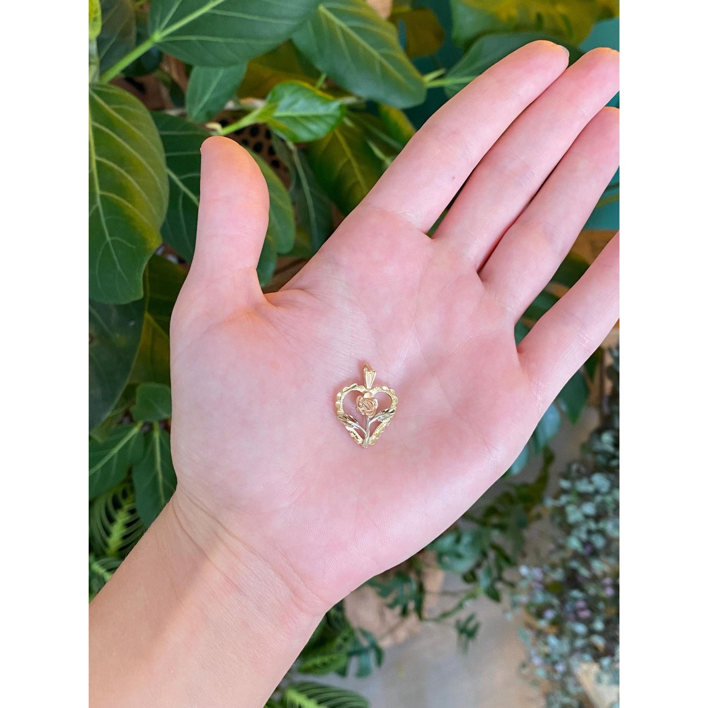 Solid 14k Tri Tone Gold Diamond Cut Flower Heart Charm