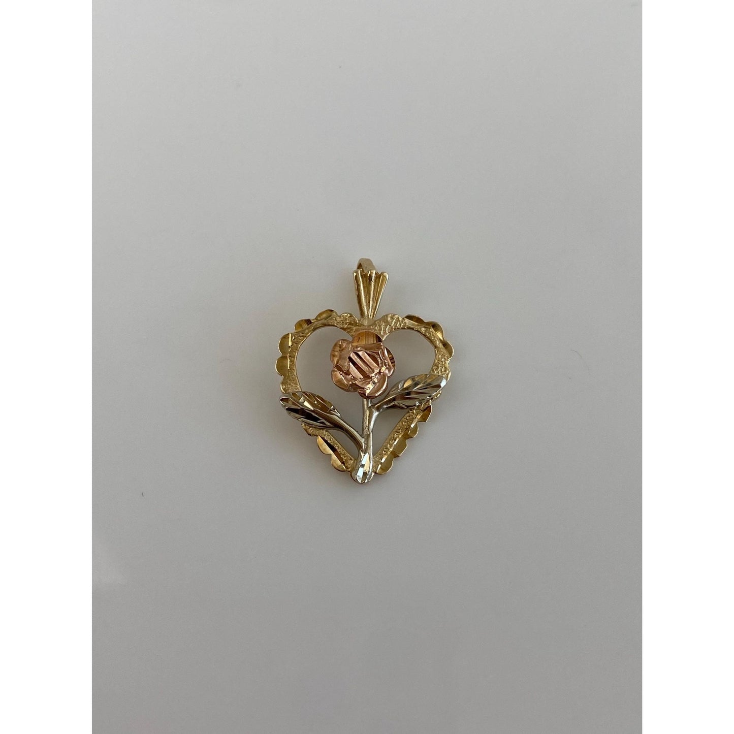 Solid 14k Tri Tone Gold Diamond Cut Flower Heart Charm
