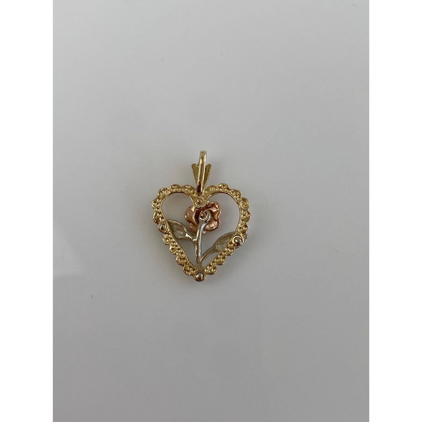 Solid 14k Tri Tone Gold Diamond Cut Flower Heart Charm