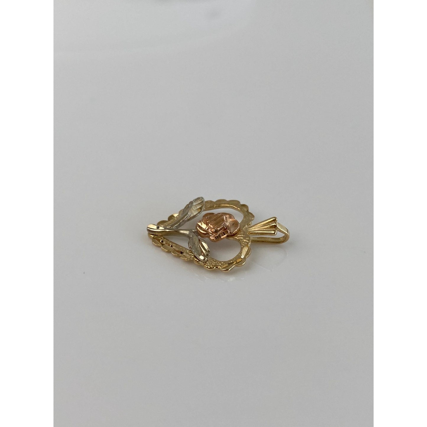 Solid 14k Tri Tone Gold Diamond Cut Flower Heart Charm