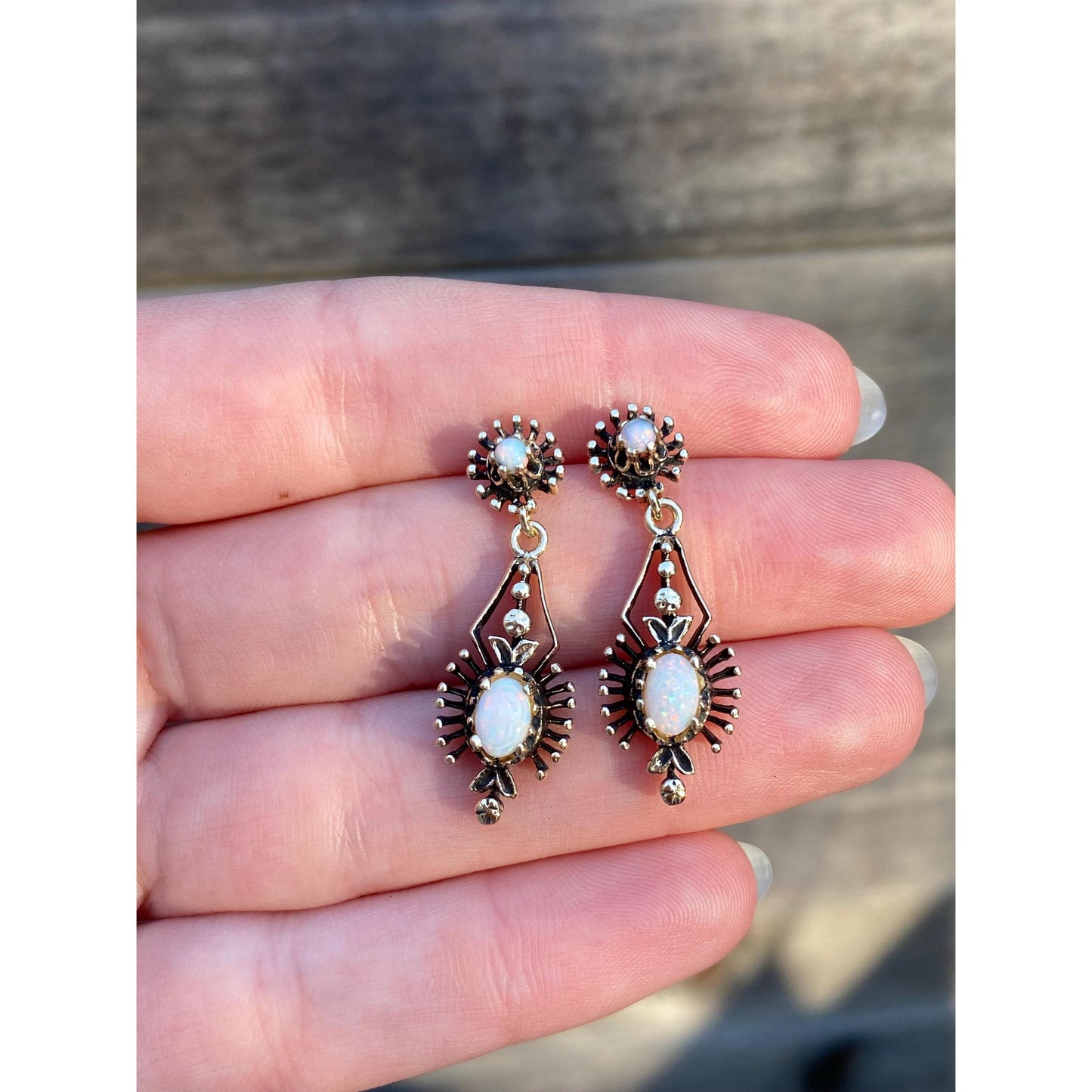 Vintage Solid 10k Yellow Gold Opal Ornate Dangle Stud Earrings