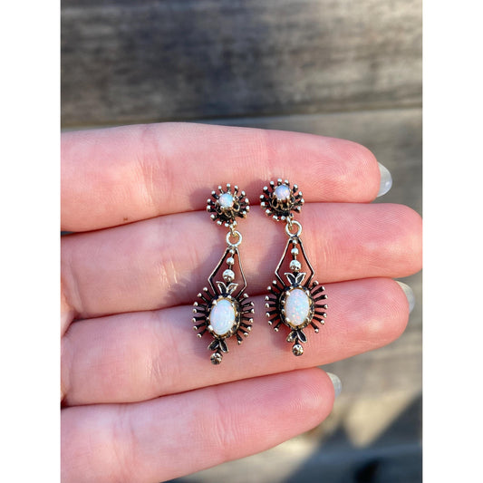 Vintage Solid 10k Yellow Gold Opal Ornate Dangle Stud Earrings