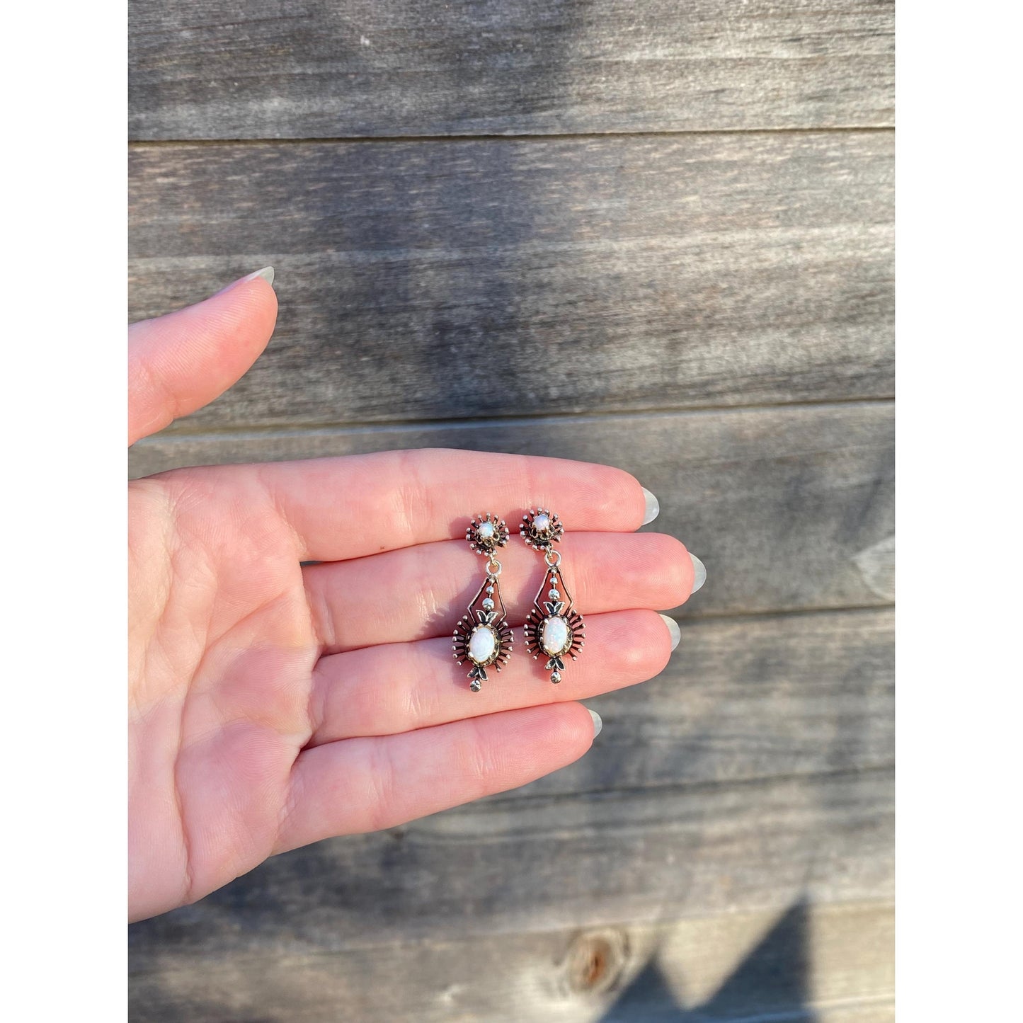 Vintage Solid 10k Yellow Gold Opal Ornate Dangle Stud Earrings