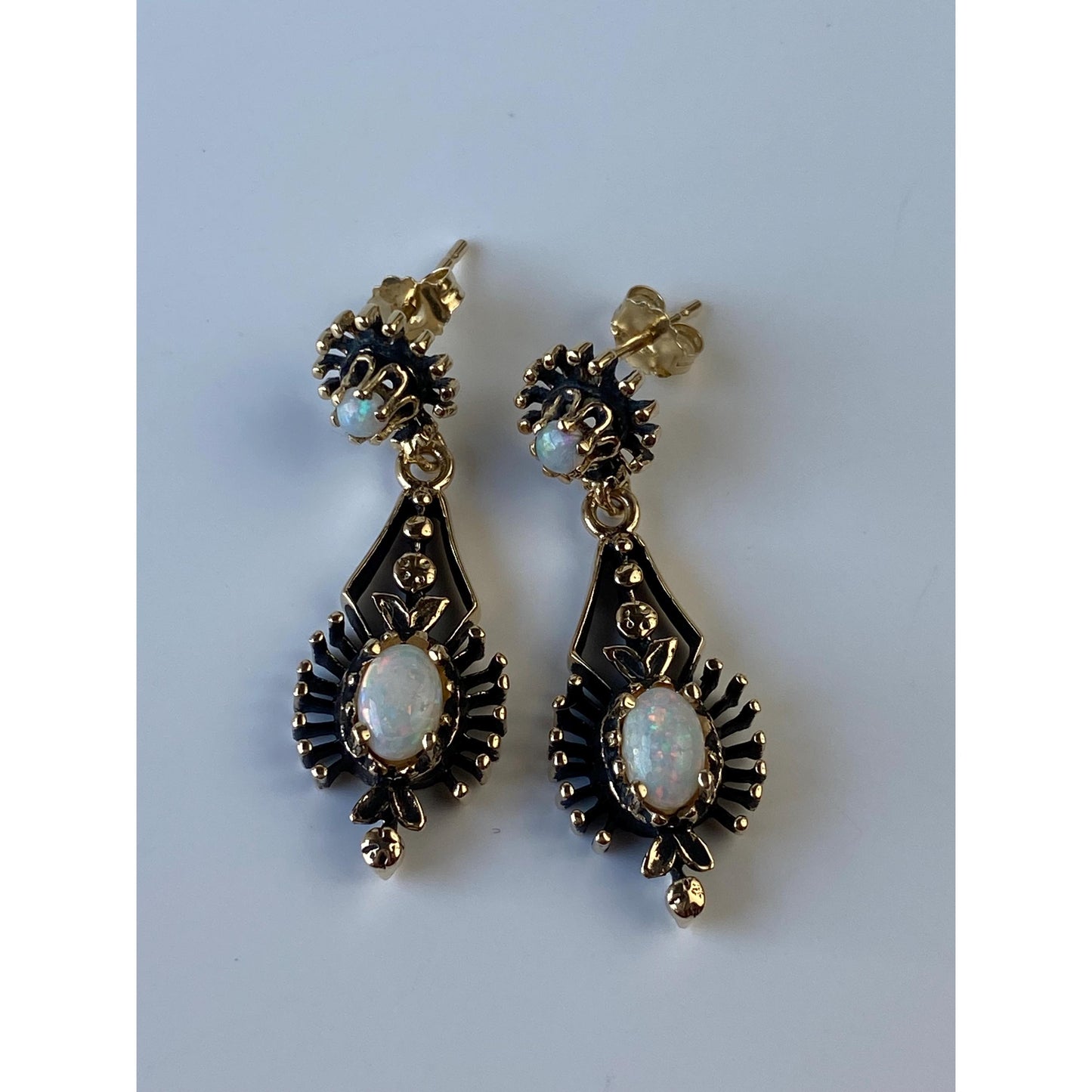 Vintage Solid 10k Yellow Gold Opal Ornate Dangle Stud Earrings