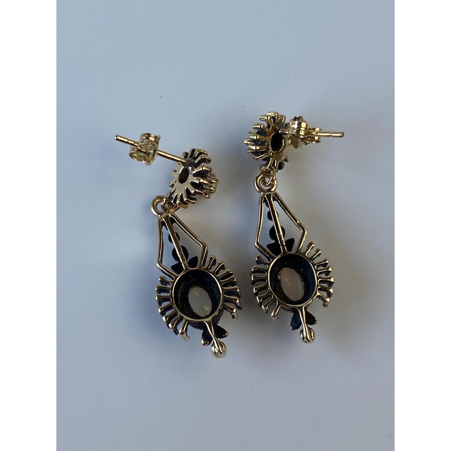 Vintage Solid 10k Yellow Gold Opal Ornate Dangle Stud Earrings