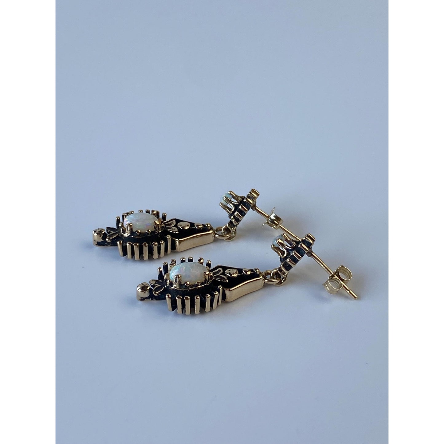 Vintage Solid 10k Yellow Gold Opal Ornate Dangle Stud Earrings