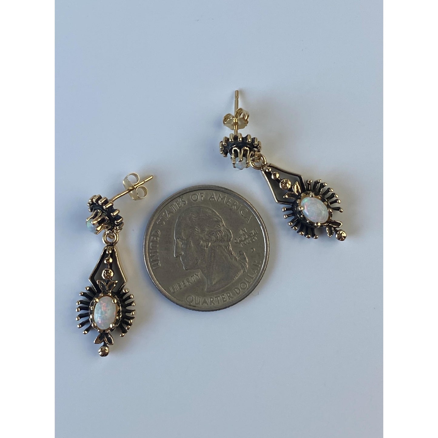 Vintage Solid 10k Yellow Gold Opal Ornate Dangle Stud Earrings