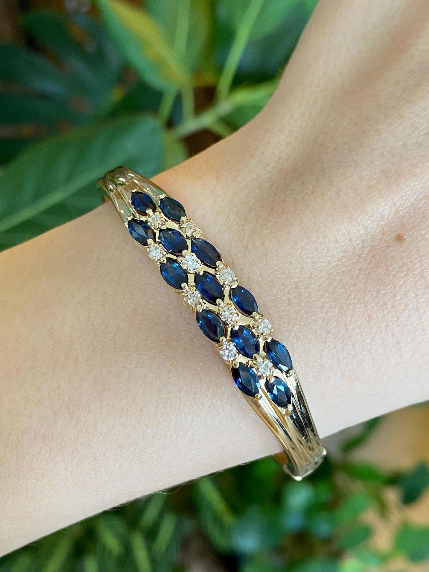 Vintage Solid 14k Yellow Gold Diamond Blue Sapphire Bangle Bracelet - 6.5 Inches