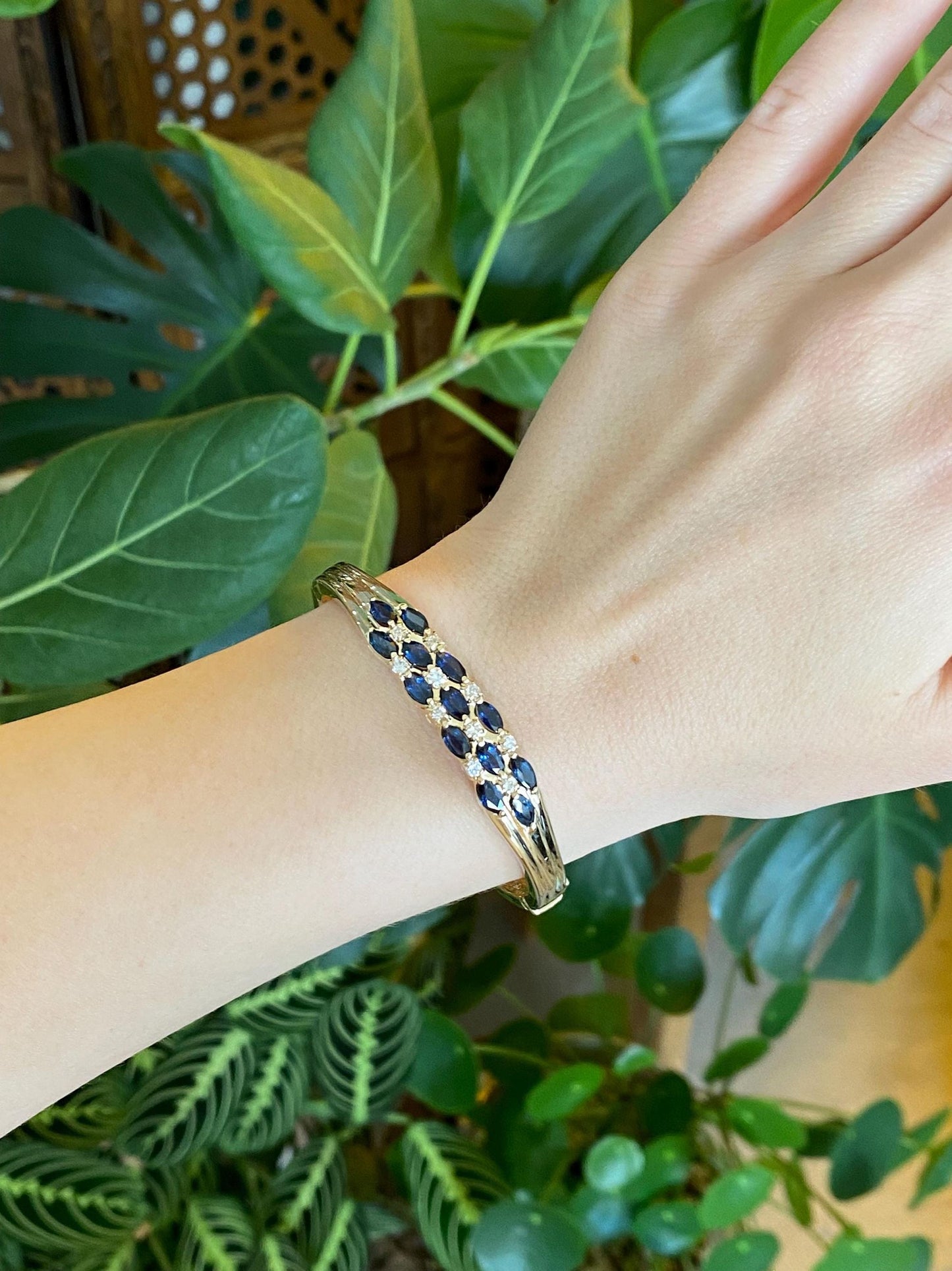 Vintage Solid 14k Yellow Gold Diamond Blue Sapphire Bangle Bracelet - 6.5 Inches