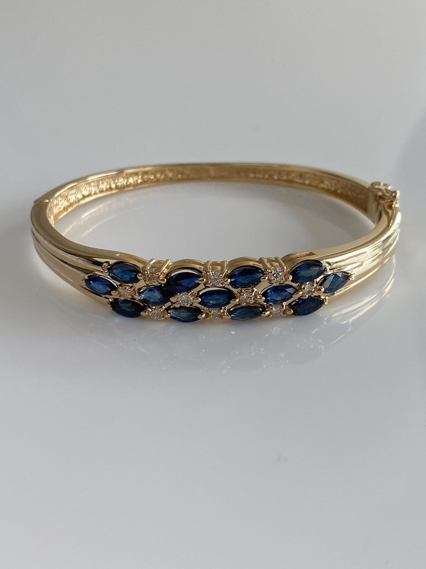 Vintage Solid 14k Yellow Gold Diamond Blue Sapphire Bangle Bracelet - 6.5 Inches
