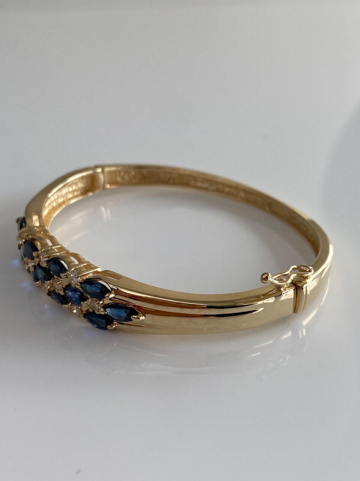 Vintage Solid 14k Yellow Gold Diamond Blue Sapphire Bangle Bracelet - 6.5 Inches
